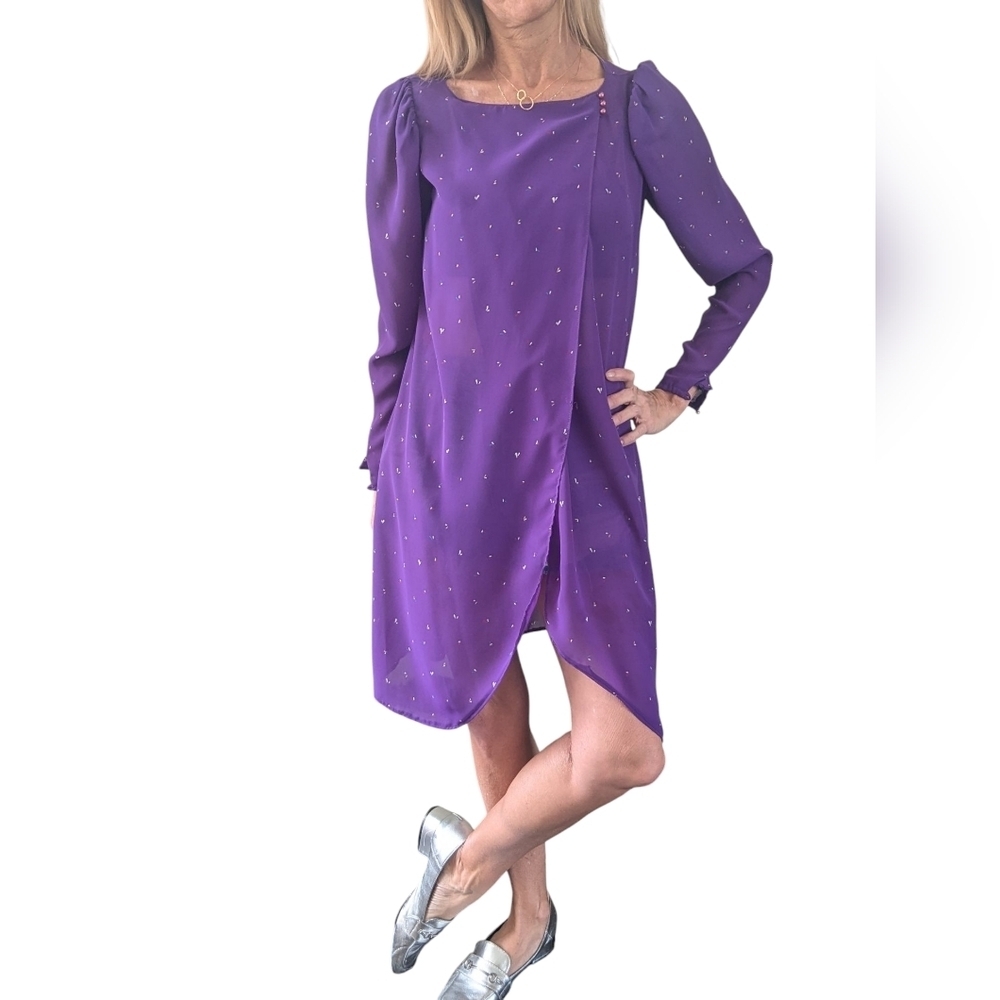 Vintage Jody California 1980s Purple Sheer Wrap Puff Sleeve Sheath Retro Dress